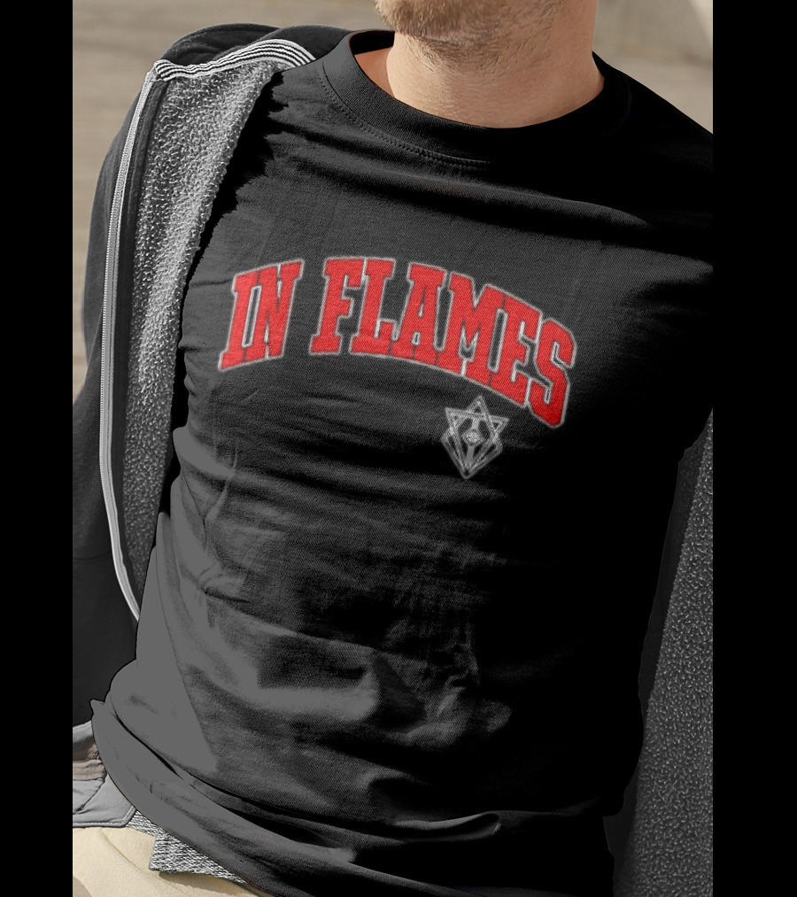 In Flames Red Collegiate Text With Geometric T-Shirt