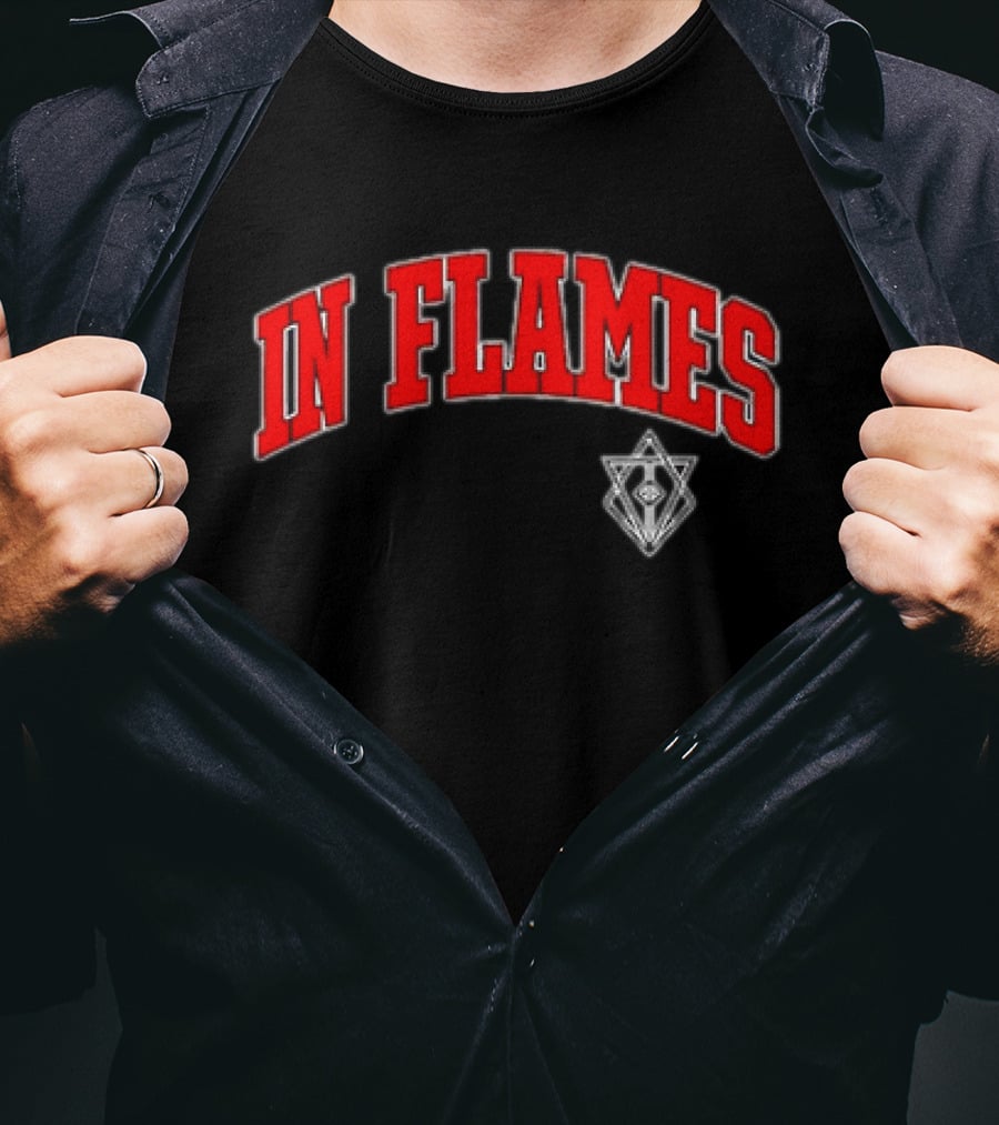 In Flames Red Collegiate Text With Geometric T-Shirt