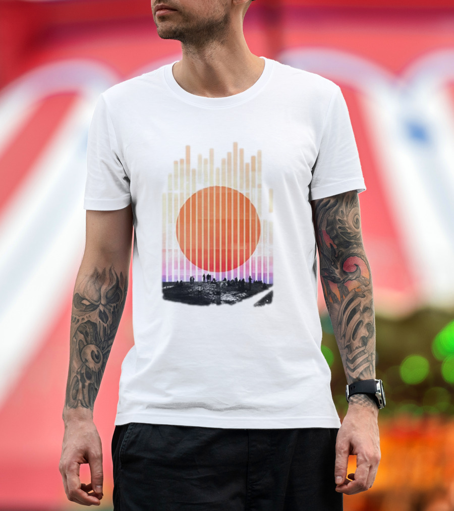 Stripe and Sun Vintage Sunset Silhouette on Horizon T-Shirt