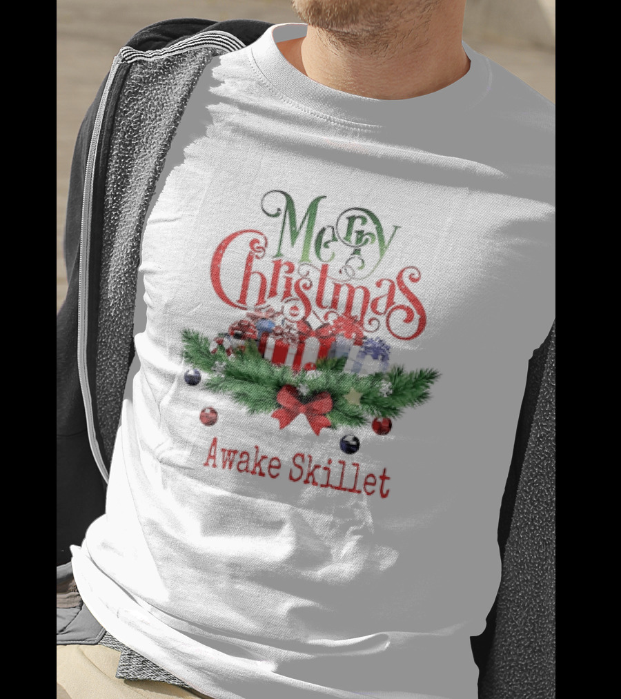 Merry Christmas Awake Skillet Festive Presents And Pine Garland T-Shirt