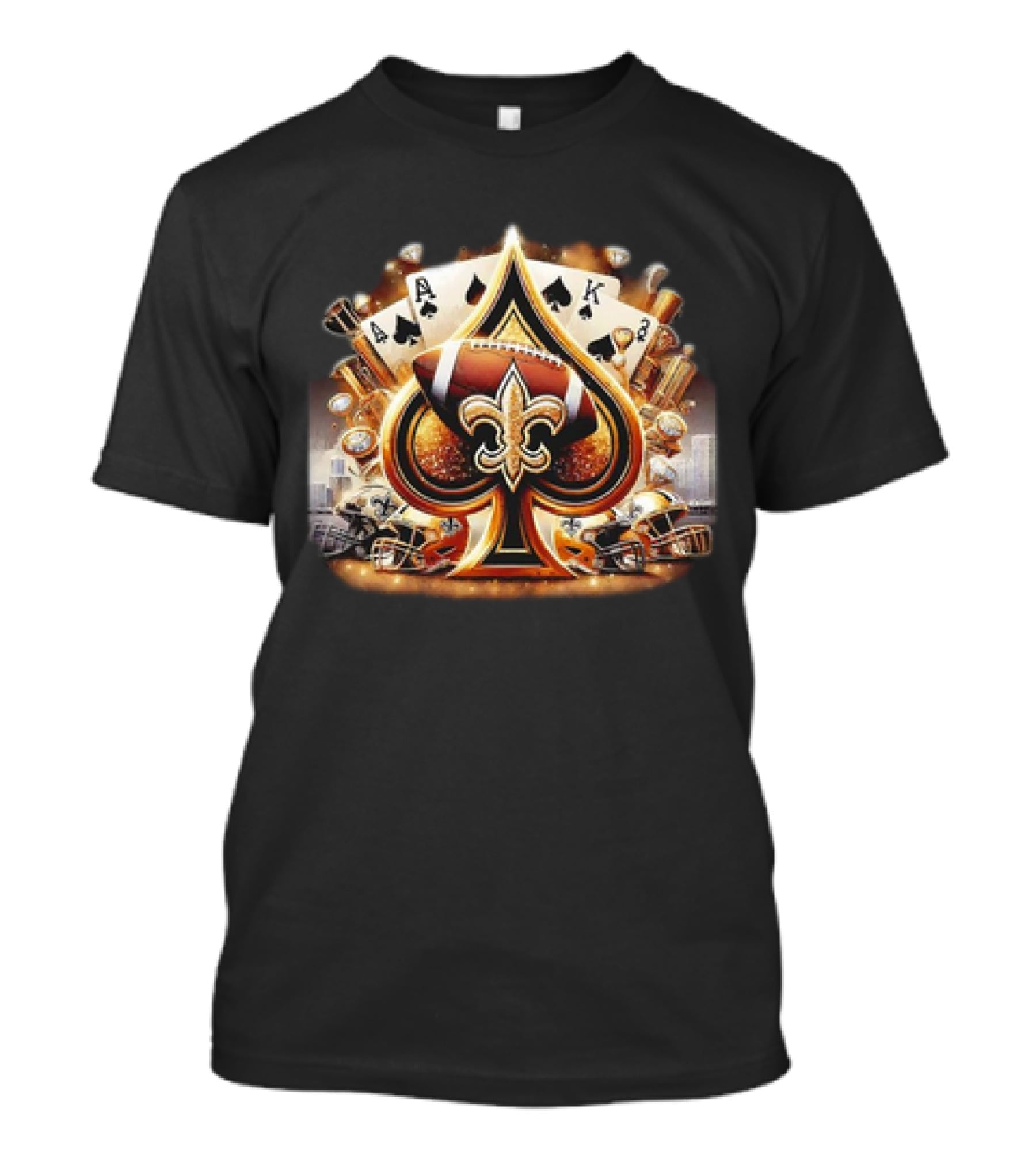 New Orleans Saints Gold Spade Football And Fleur-de-Lis With Playing Cards And Helmets T-Shirt