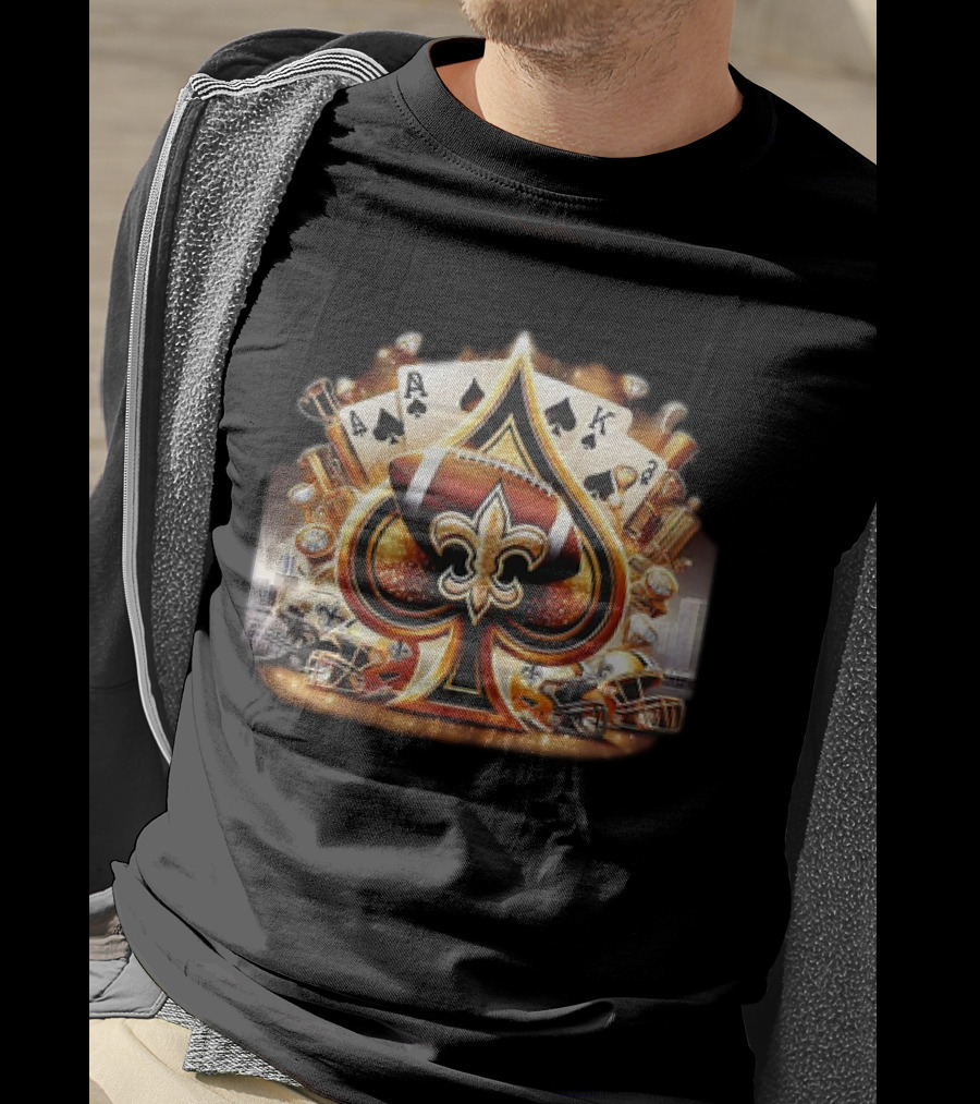 New Orleans Saints Gold Spade Football And Fleur-de-Lis With Playing Cards And Helmets T-Shirt