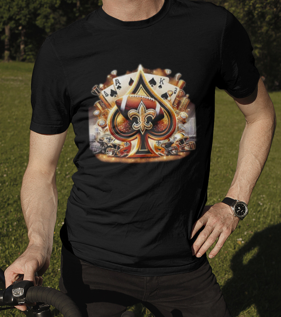New Orleans Saints Gold Spade Football And Fleur-de-Lis With Playing Cards And Helmets T-Shirt