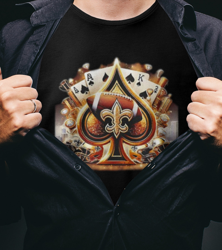 New Orleans Saints Gold Spade Football And Fleur-de-Lis With Playing Cards And Helmets T-Shirt