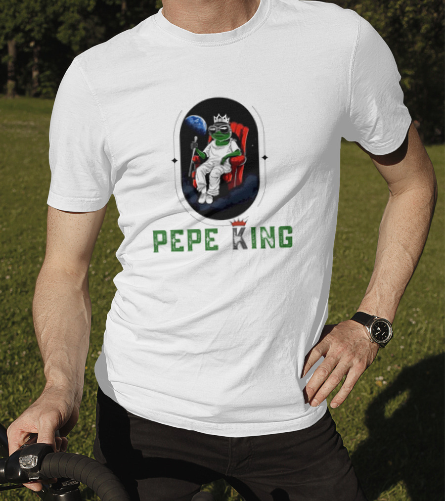 Pepe King Meme Coin Earth Throne Crown Chair T-Shirt