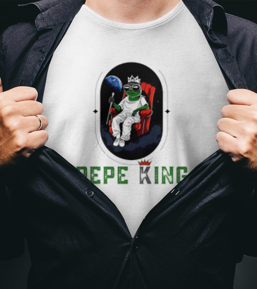 Pepe King Meme Coin Earth Throne Crown Chair T-Shirt