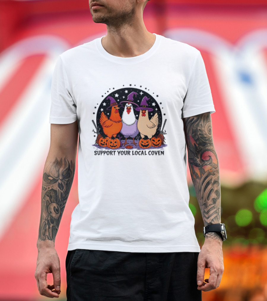 Support Your Local Coven Halloween Chicken Cartoon Trio with Witch Hats and Pumpkins T-Shirt