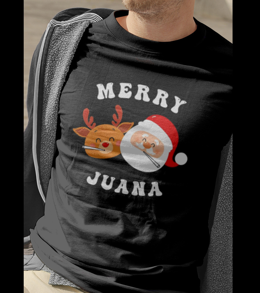 Merry Juana Christmas Santa And Reindeer Smoking Holiday Fun T-Shirt