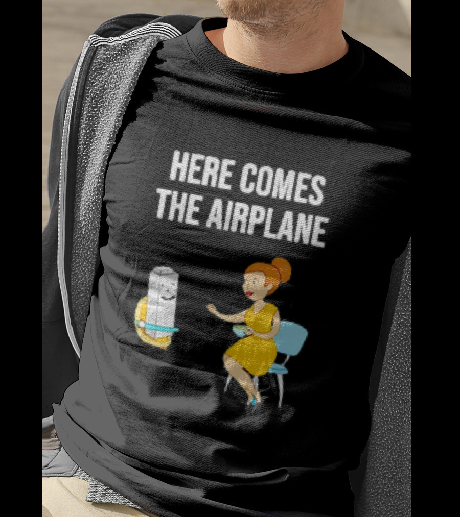 Here Comes The Airplane Cartoon Toilet Paper And Woman On Chair T-Shirt