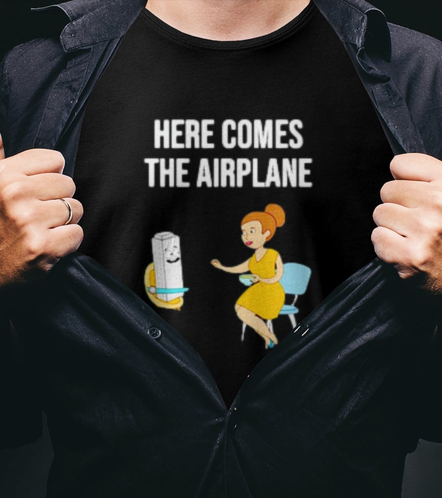 Here Comes The Airplane Cartoon Toilet Paper And Woman On Chair T-Shirt