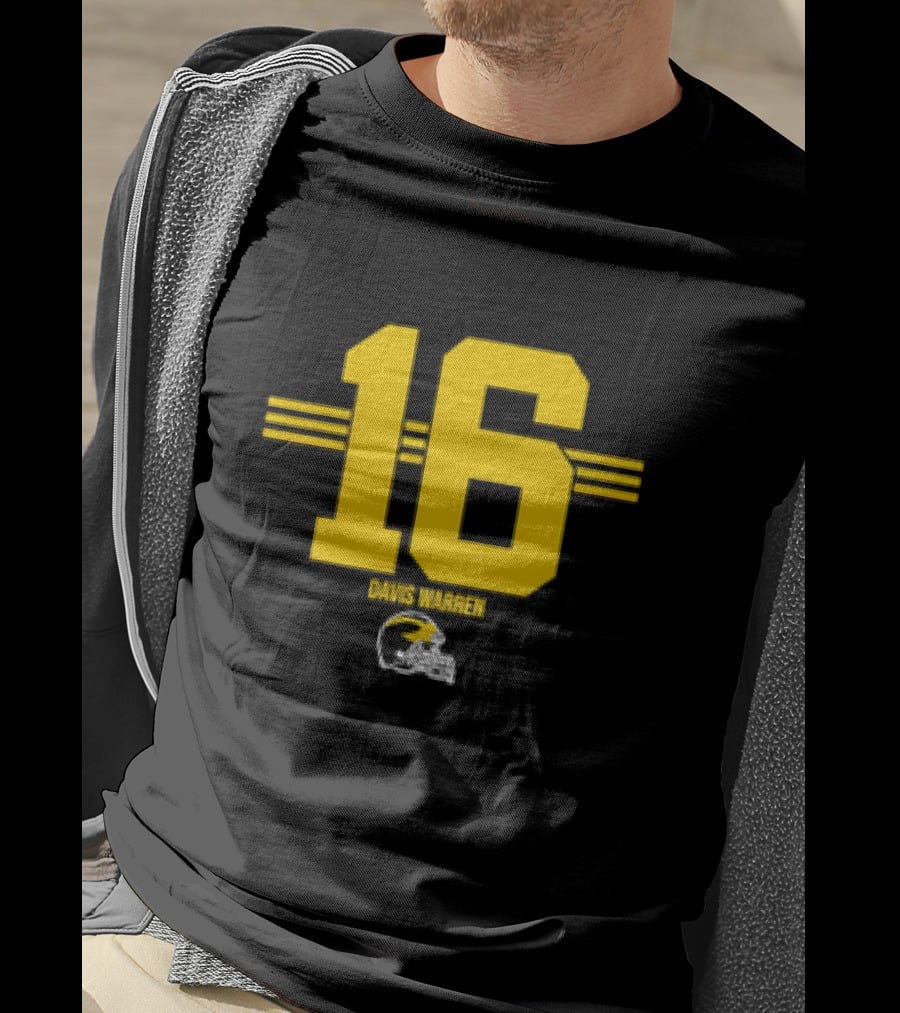 Michigan Football Davis Warren 16 Yellow Stripe Helmet T-Shirt