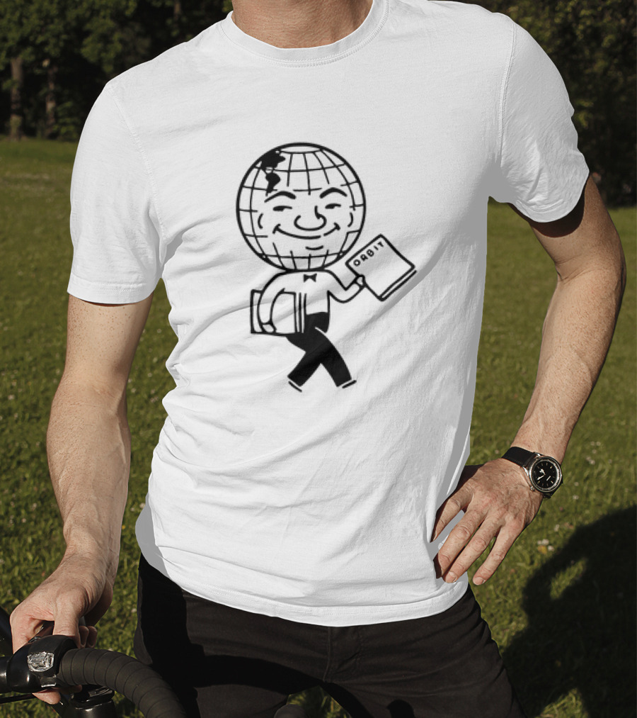 Orbit Magazine 1990 Vintage Smiling Globe Character Holding Magazine T-Shirt