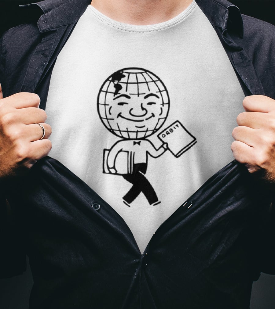 Orbit Magazine 1990 Vintage Smiling Globe Character Holding Magazine T-Shirt