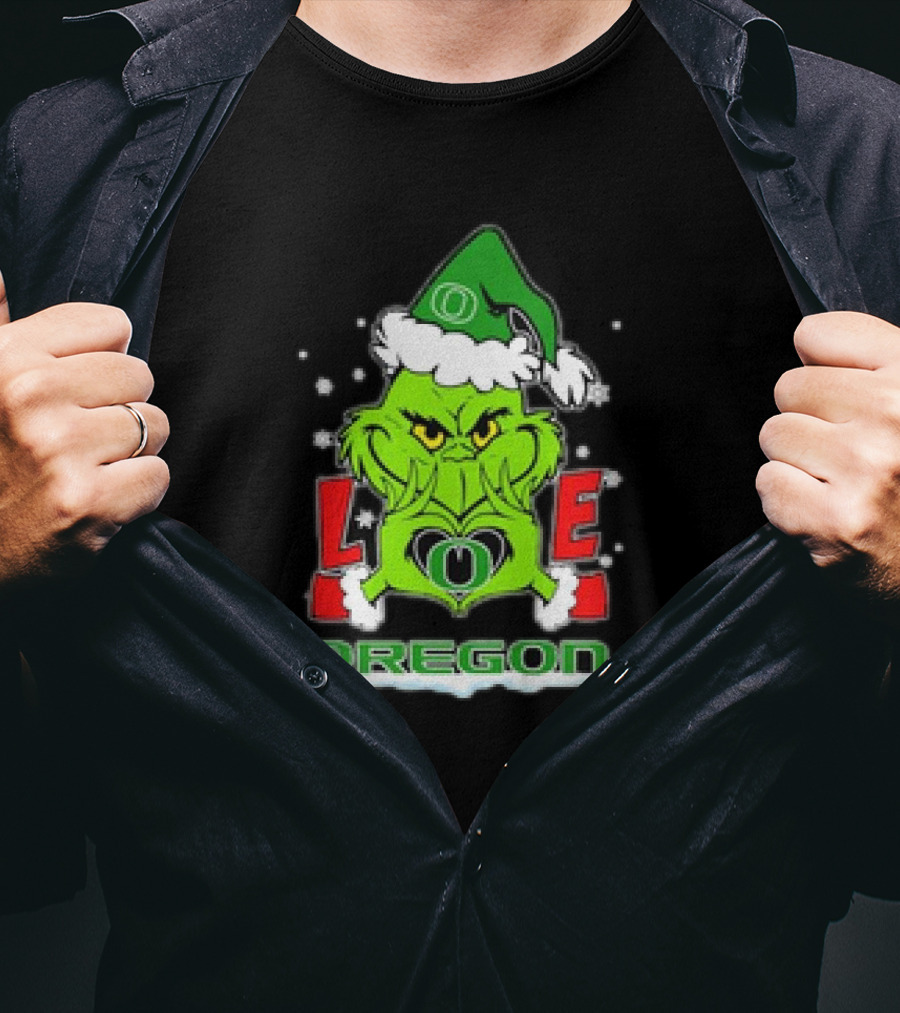 Grinch Hand Love Oregon Ducks Christmas Santa Hat Snowflakes T-Shirt