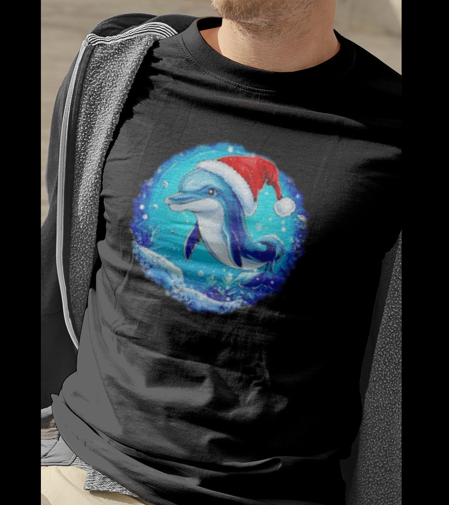 Dolphins Christmas Cute Santa Hat Snowflakes T-Shirt