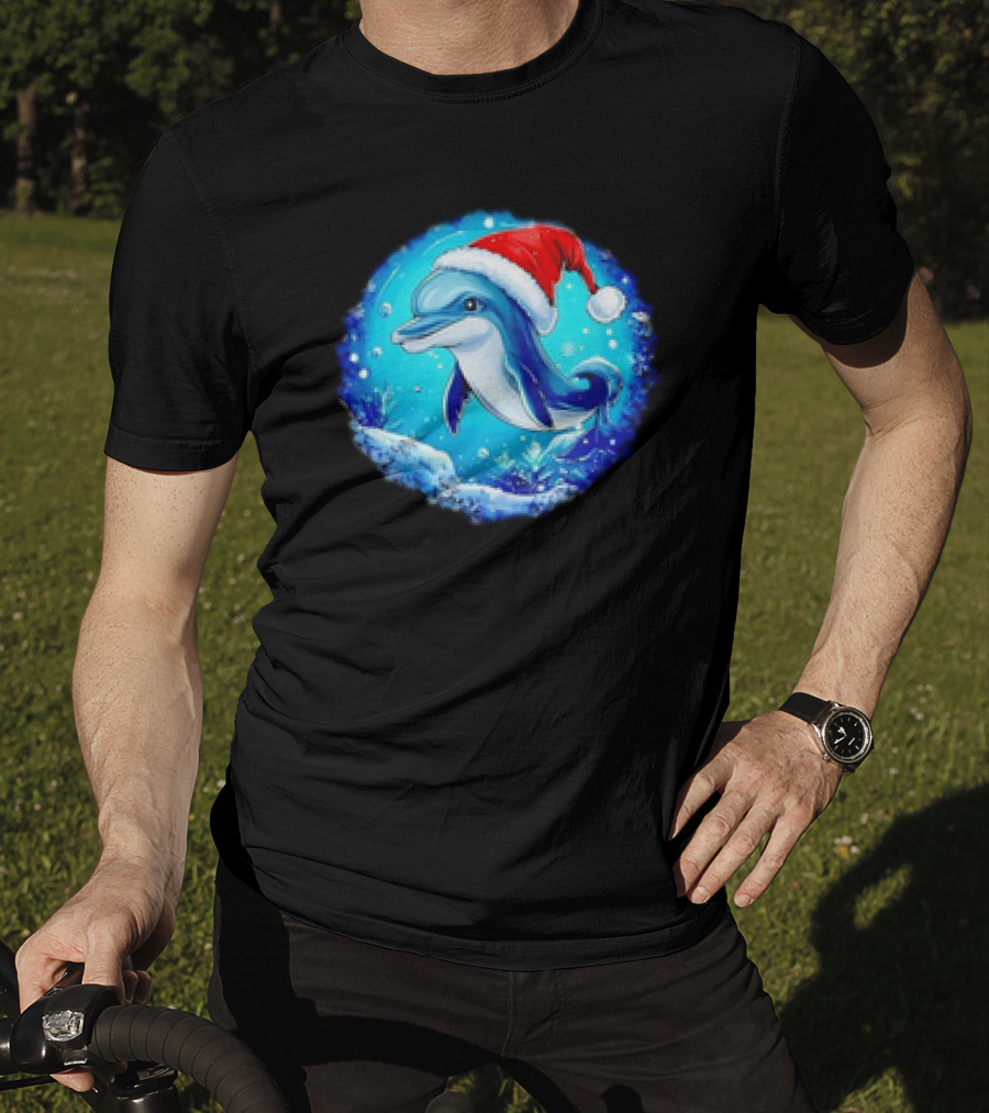 Dolphins Christmas Cute Santa Hat Snowflakes T-Shirt