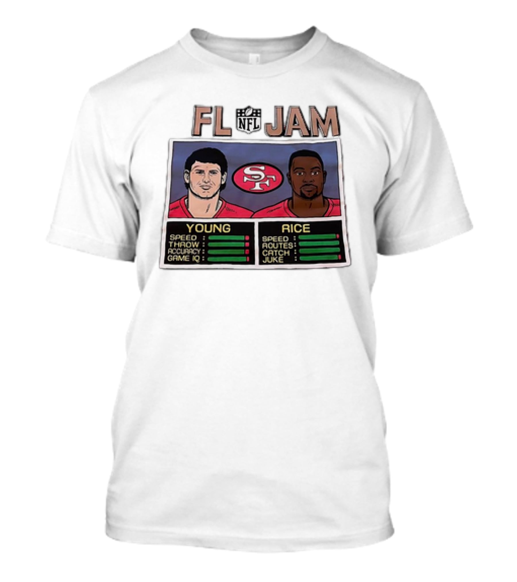 NFL Jam San Francisco 49ers Young Rice Speed Throw Catch T-Shirt