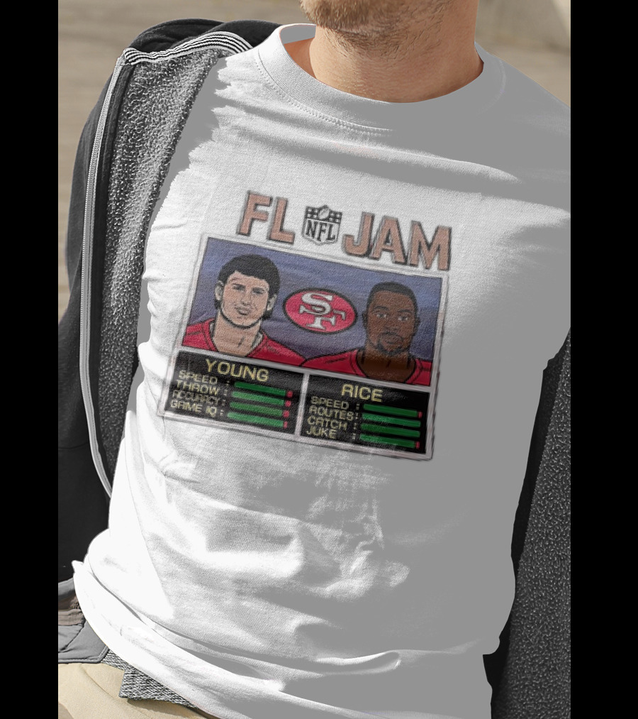 NFL Jam San Francisco 49ers Young Rice Speed Throw Catch T-Shirt