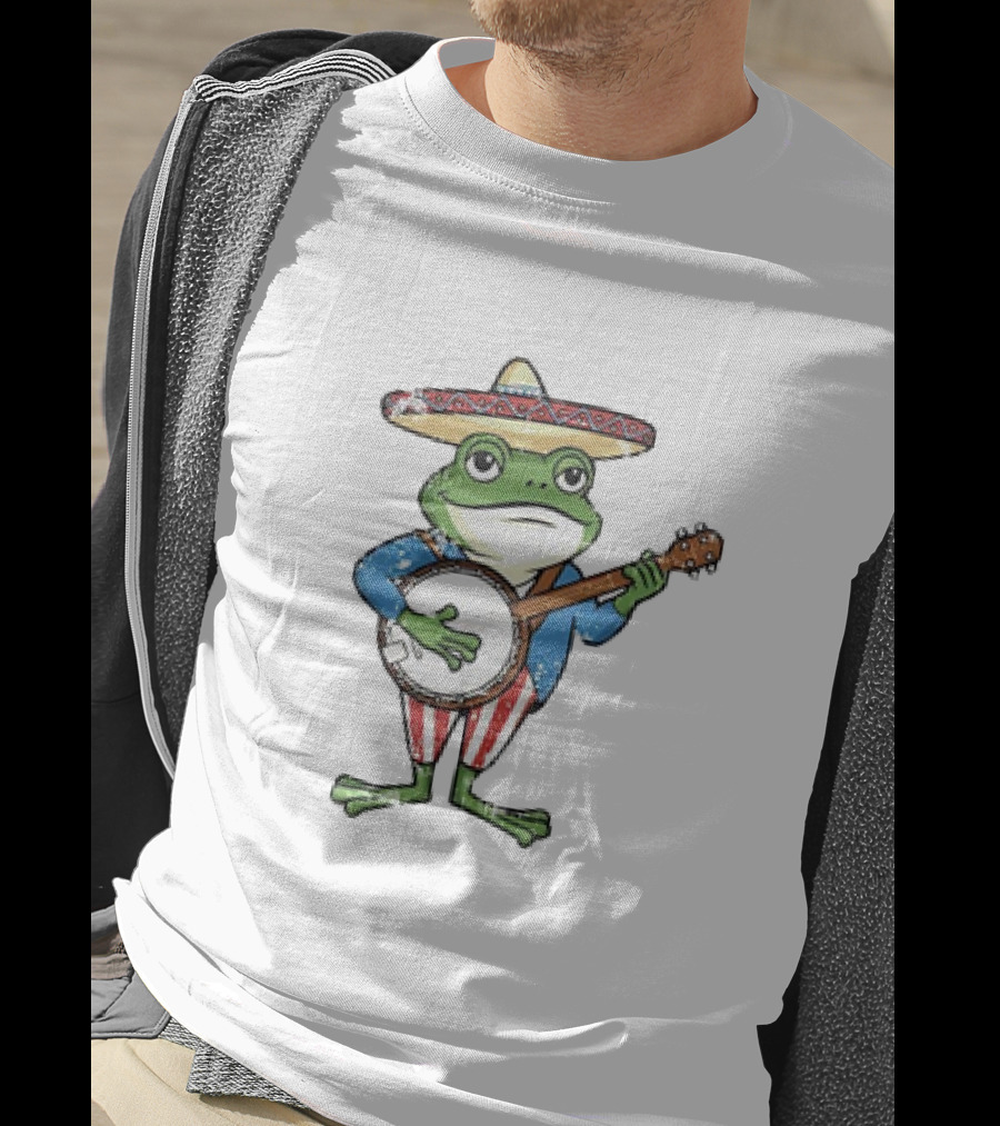 Frog In Sombrero Playing Banjo In Patriotic T-Shirt