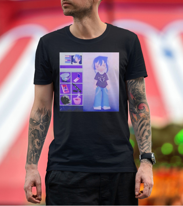 Premium T-Shirt: Nikki Basic Necessities Anime Character with Headphones and Retro Objects T-Shirt Nikki Basic Necessities Anime Character with Headphones and Retro Objects T-Shirt