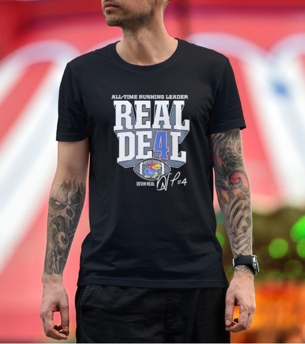 Premium T-Shirt: All-Time Rushing Leader Real De4l Devin Neal Kansas Jayhawks Football #4 Signature T-Shirt All-Time Rushing Leader Real De4l Devin Neal Kansas Jayhawks Football #4 Signature T-Shirt