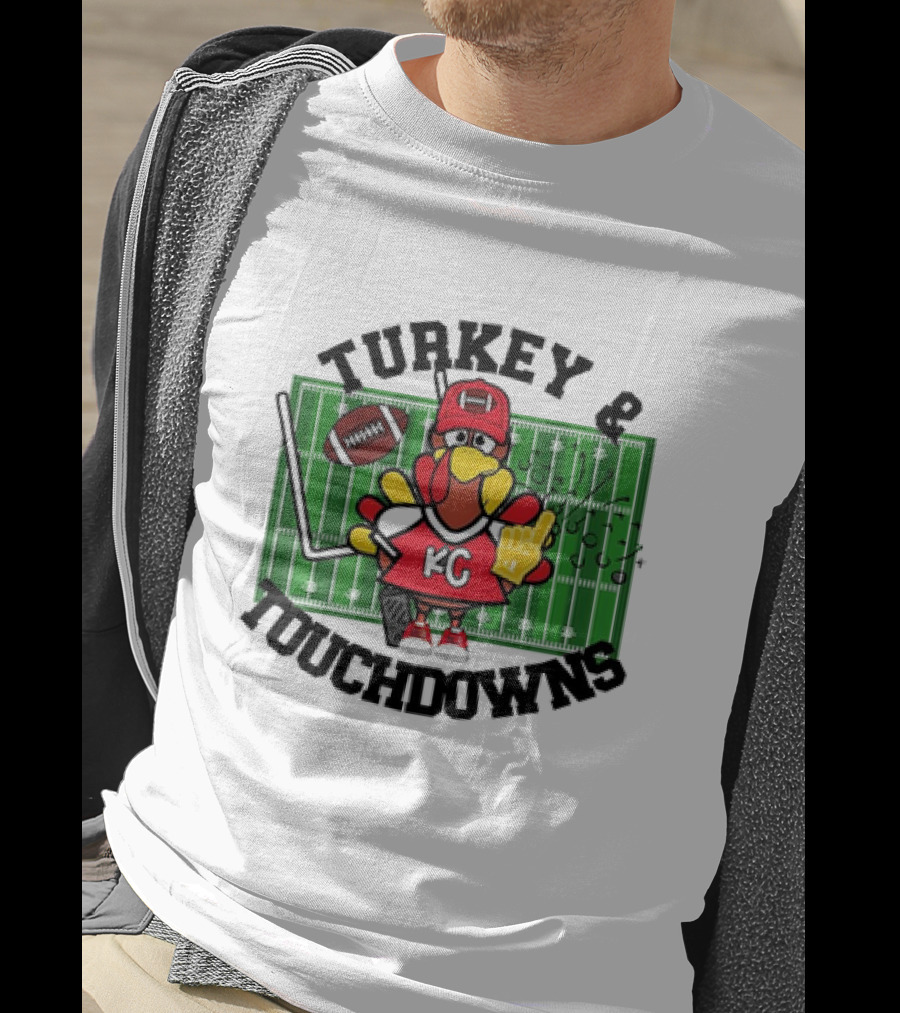 Turkey And Touchdowns Kansas City Chiefs Football Field Cartoon T-Shirt