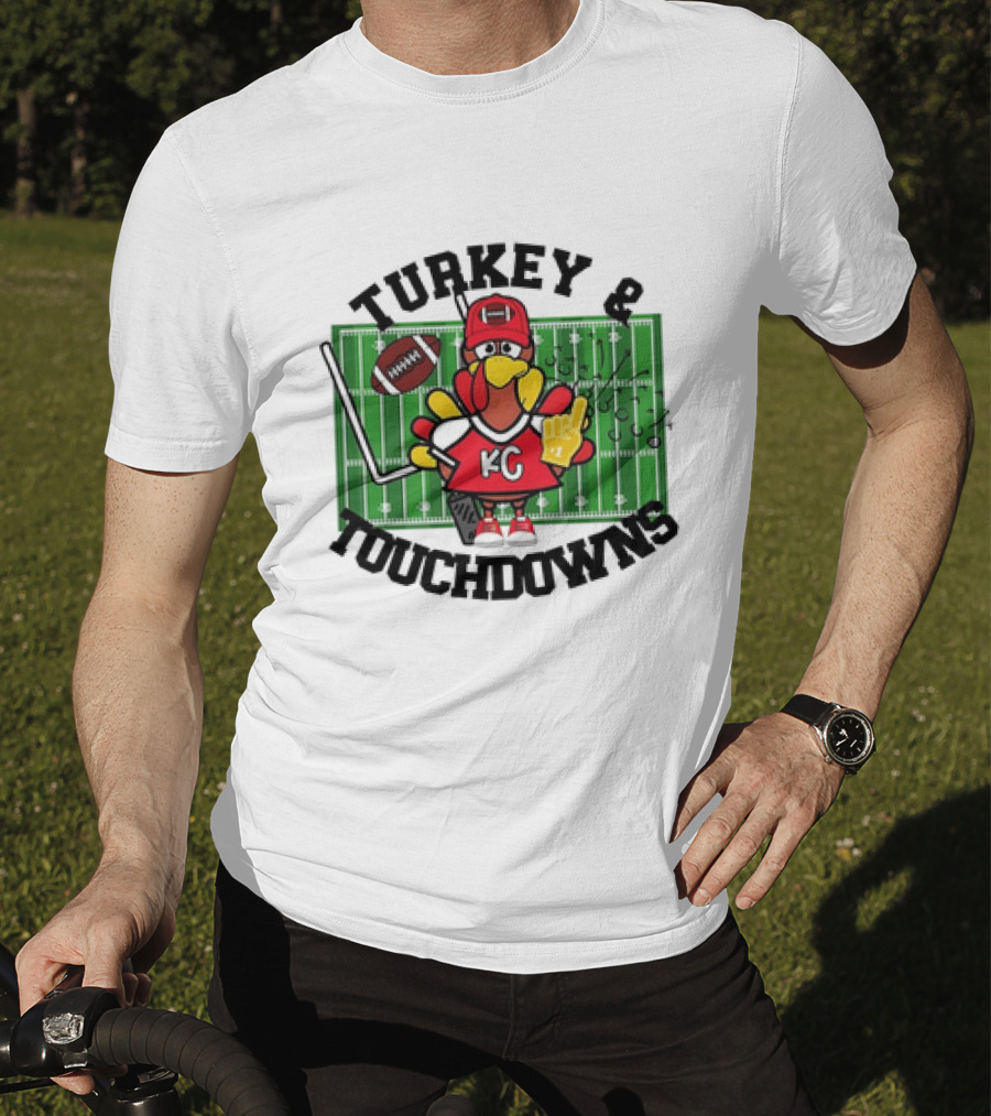 Turkey And Touchdowns Kansas City Chiefs Football Field Cartoon T-Shirt