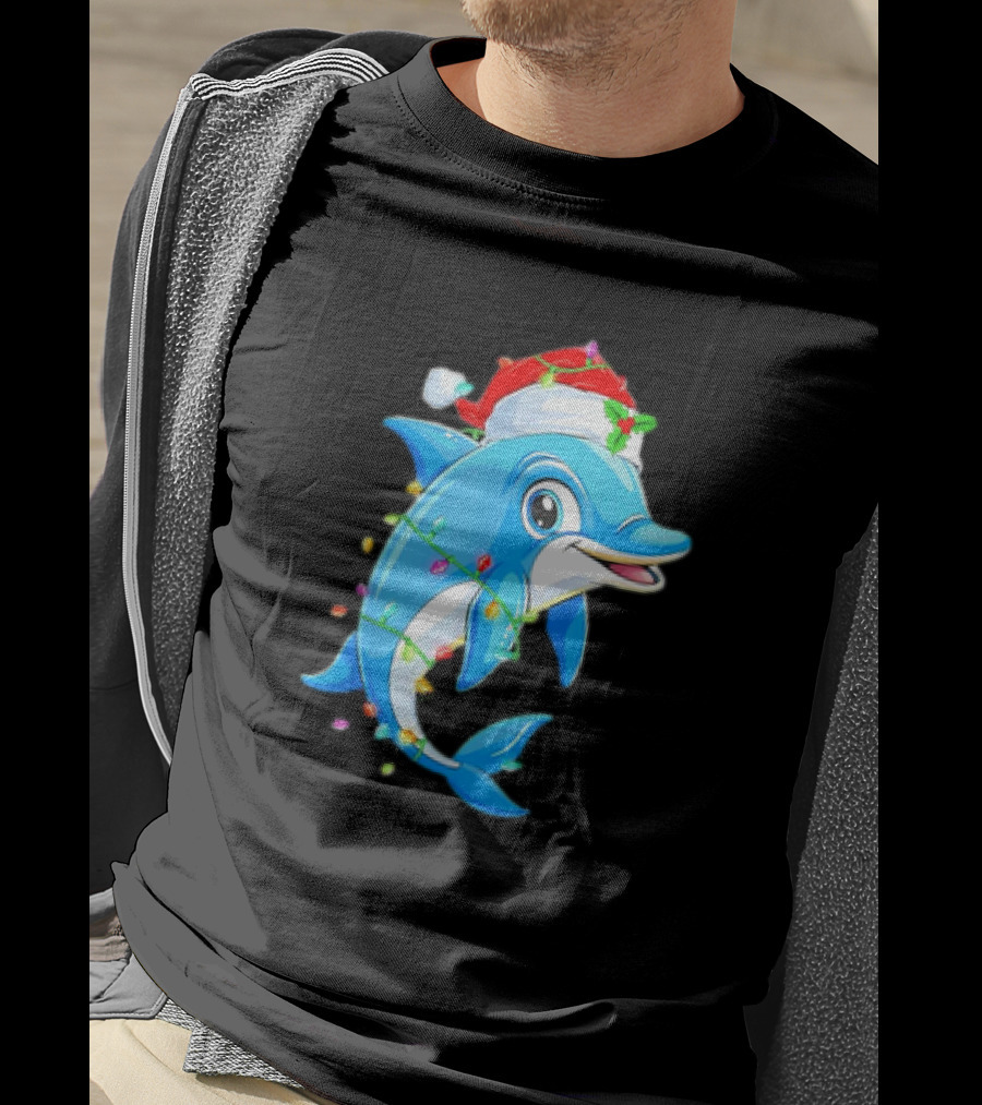 Dolphin In Santa Hat Wrapped In Christmas Tree Lights Pajamas T-Shirt