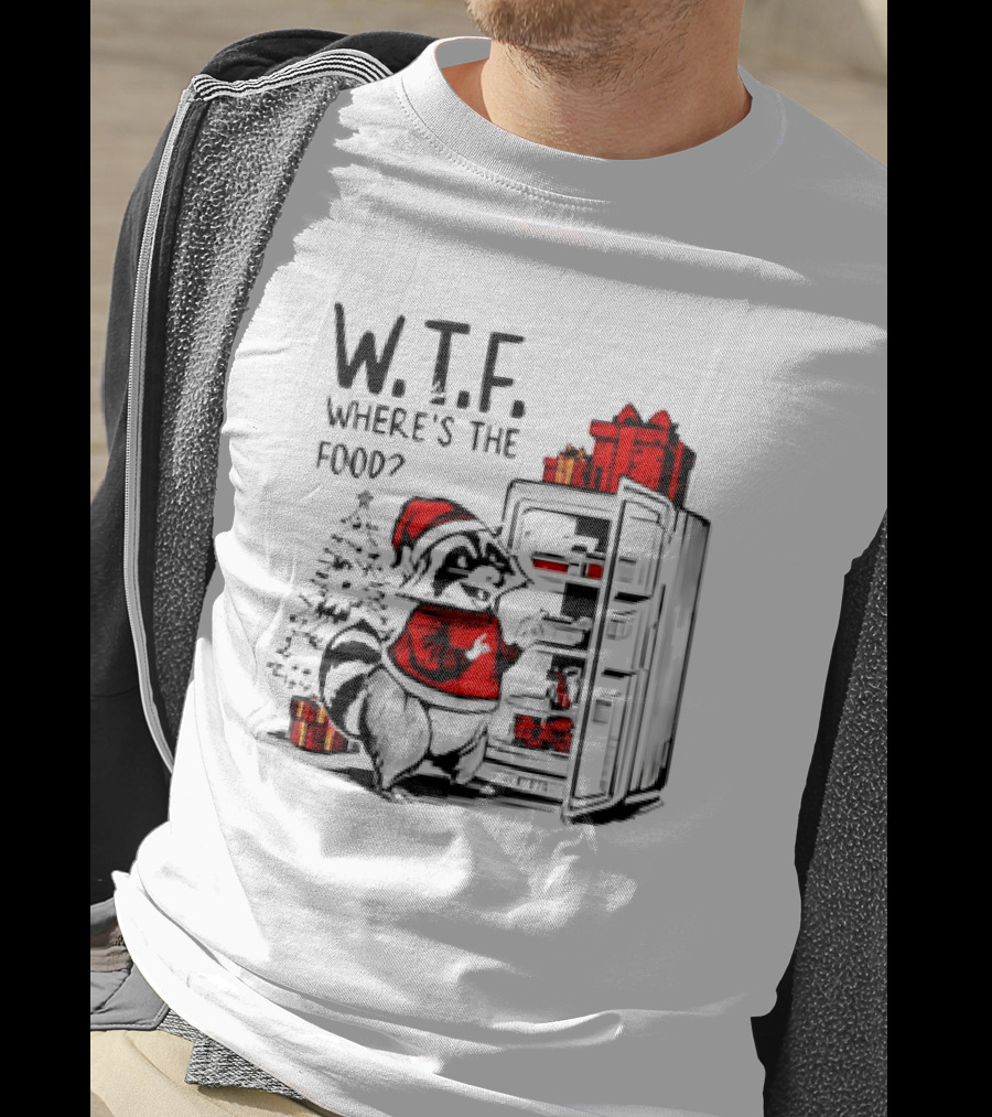 W.T.F. Where's The Food Christmas Foodie Raccoon With Fridge And Santa Hat T-Shirt