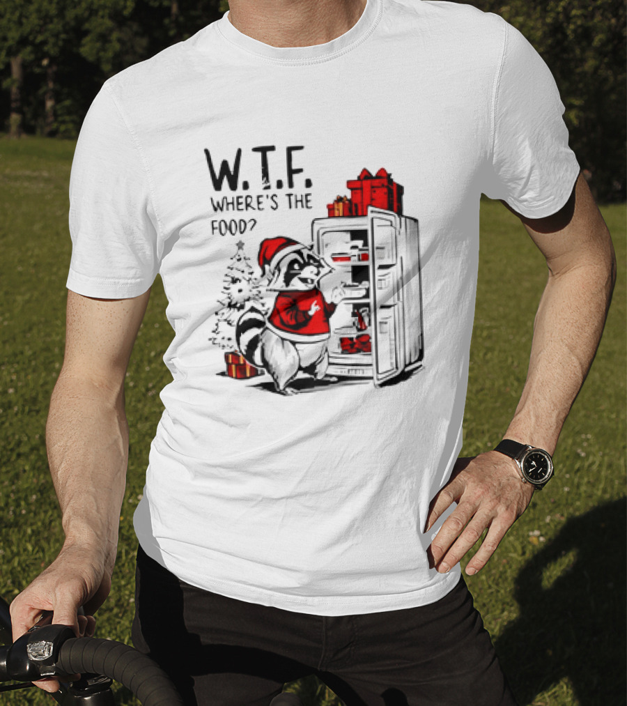 W.T.F. Where's The Food Christmas Foodie Raccoon With Fridge And Santa Hat T-Shirt