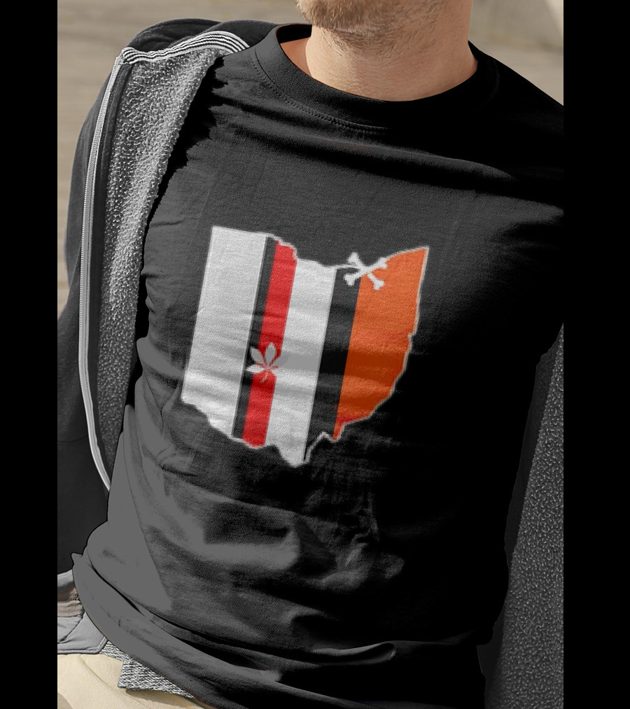 Ohio Map Stripes Football Buckeye Leaf Browns Colors T-Shirt