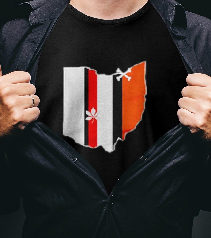 Ohio Map Stripes Football Buckeye Leaf Browns Colors T-Shirt