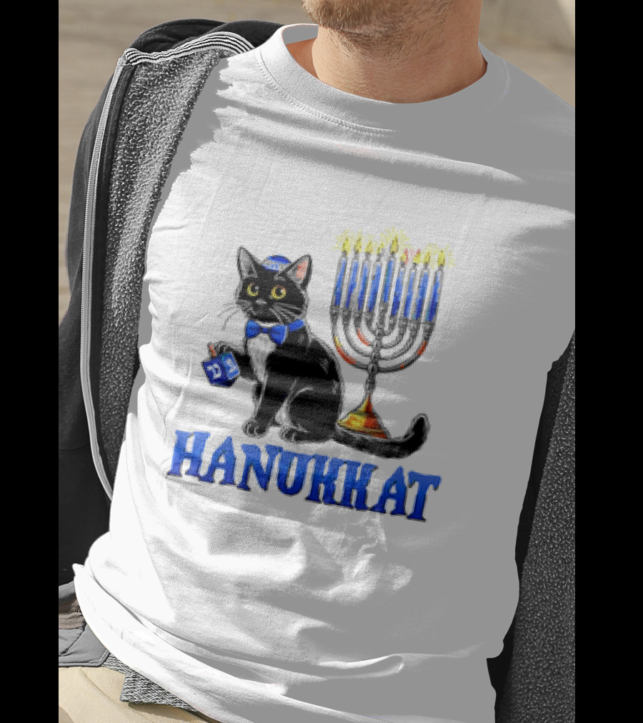 Hanukkat Cute Happy Hanukkah Jewish Cat Menorah Chanukah T-Shirt