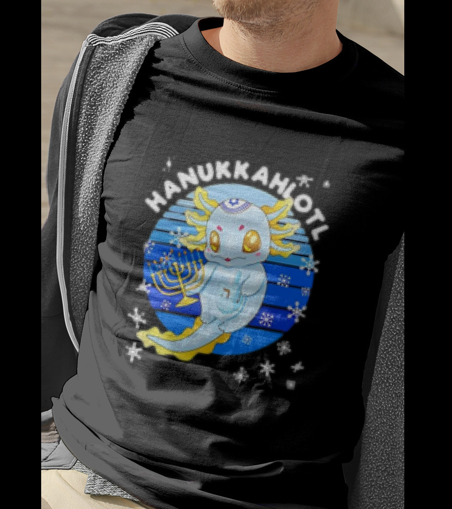 Hanukkahlotl Axolotl Dreidel Menorah Snowflakes Retro T-Shirt