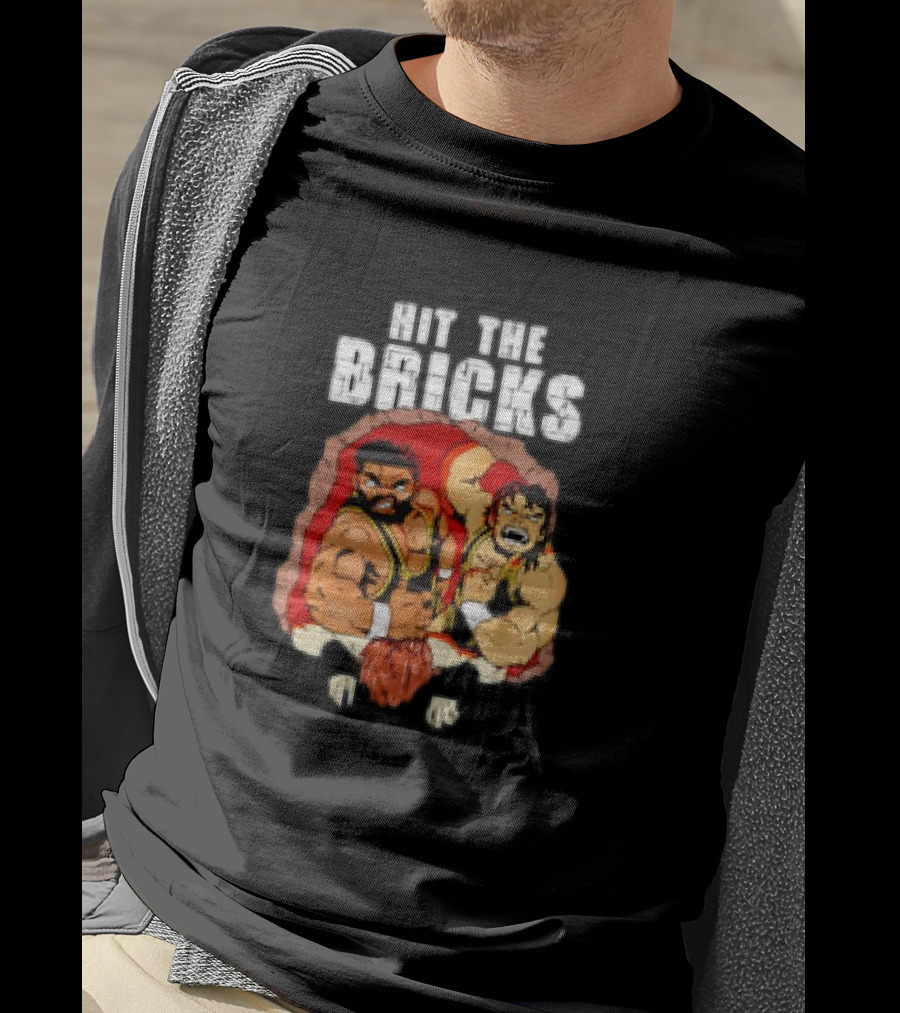 Hit The Bricks Cartoon Wrestlers Breaking Through Wall T-Shirt