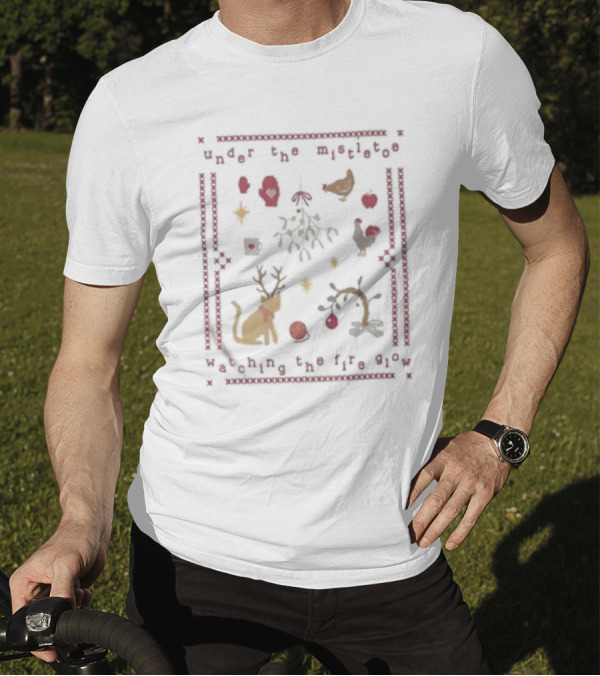 Under The Mistletoe Watching The Fire Glow Christmas Deer And Rooster T-Shirt