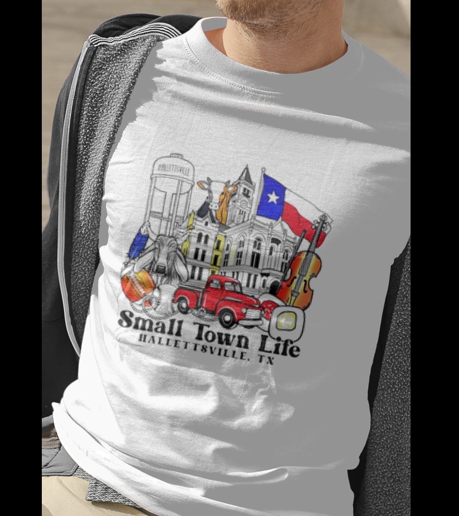 Small Town Life Hallettsville TX Water Tower Historic Courthouse Red Truck Texas Flag Cow Guitar T-Shirt