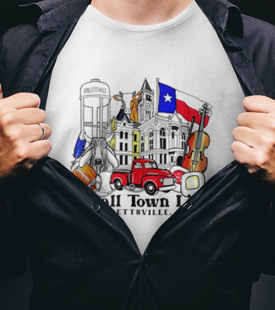 Small Town Life Hallettsville TX Water Tower Historic Courthouse Red Truck Texas Flag Cow Guitar T-Shirt