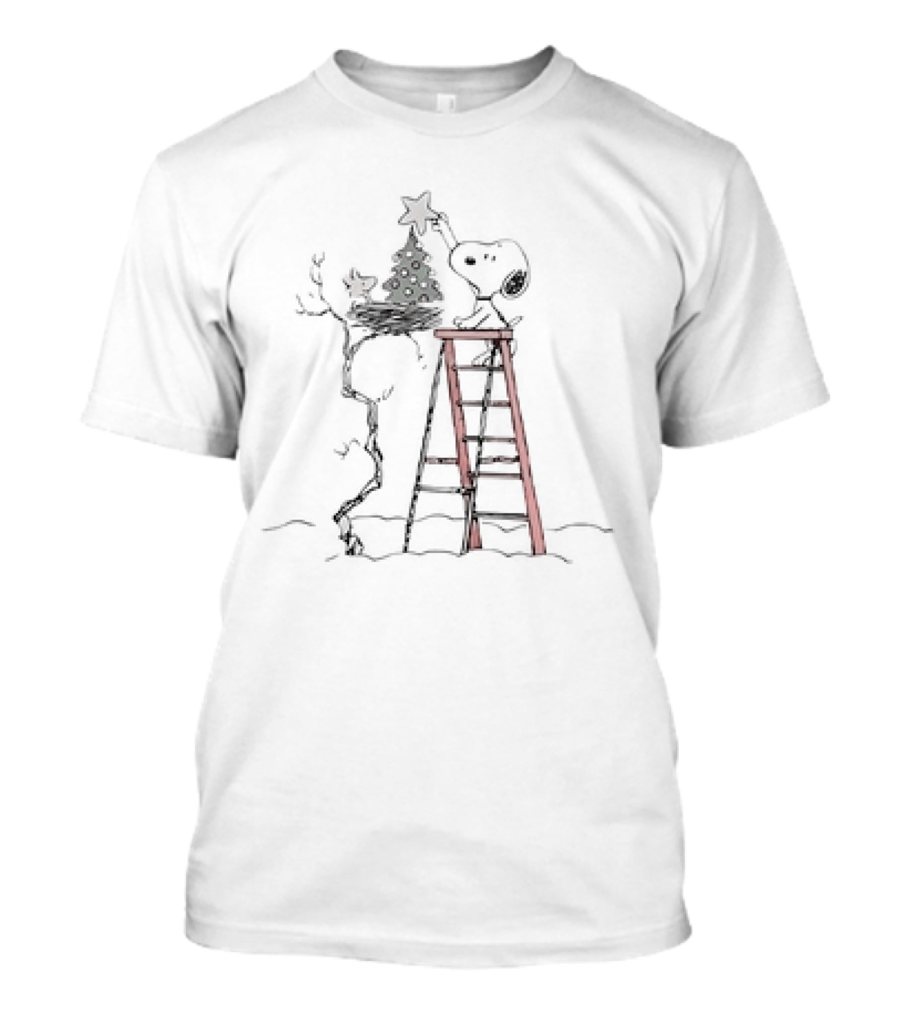 Snoopy And Woodstock Christmas Tree Decorating On Ladder Winter Scene T-Shirt