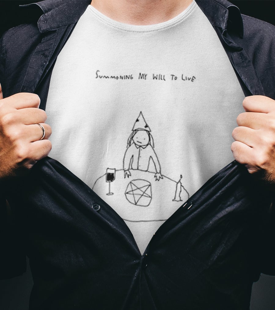 Summoning My Will To Live Wizard Hat Pentagram Candle Wine Sketch T-Shirt