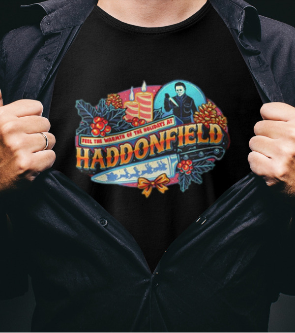 Feel The Warmth Of The Holidays At Haddonfield Michael Myers Halloween Candles And Knife T-Shirt