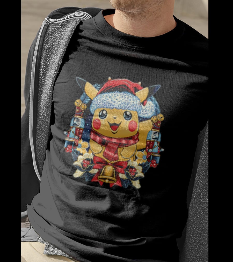 Pikachu Christmas Hat Scarf Nutcracker Bells Pokémon Holiday T-Shirt