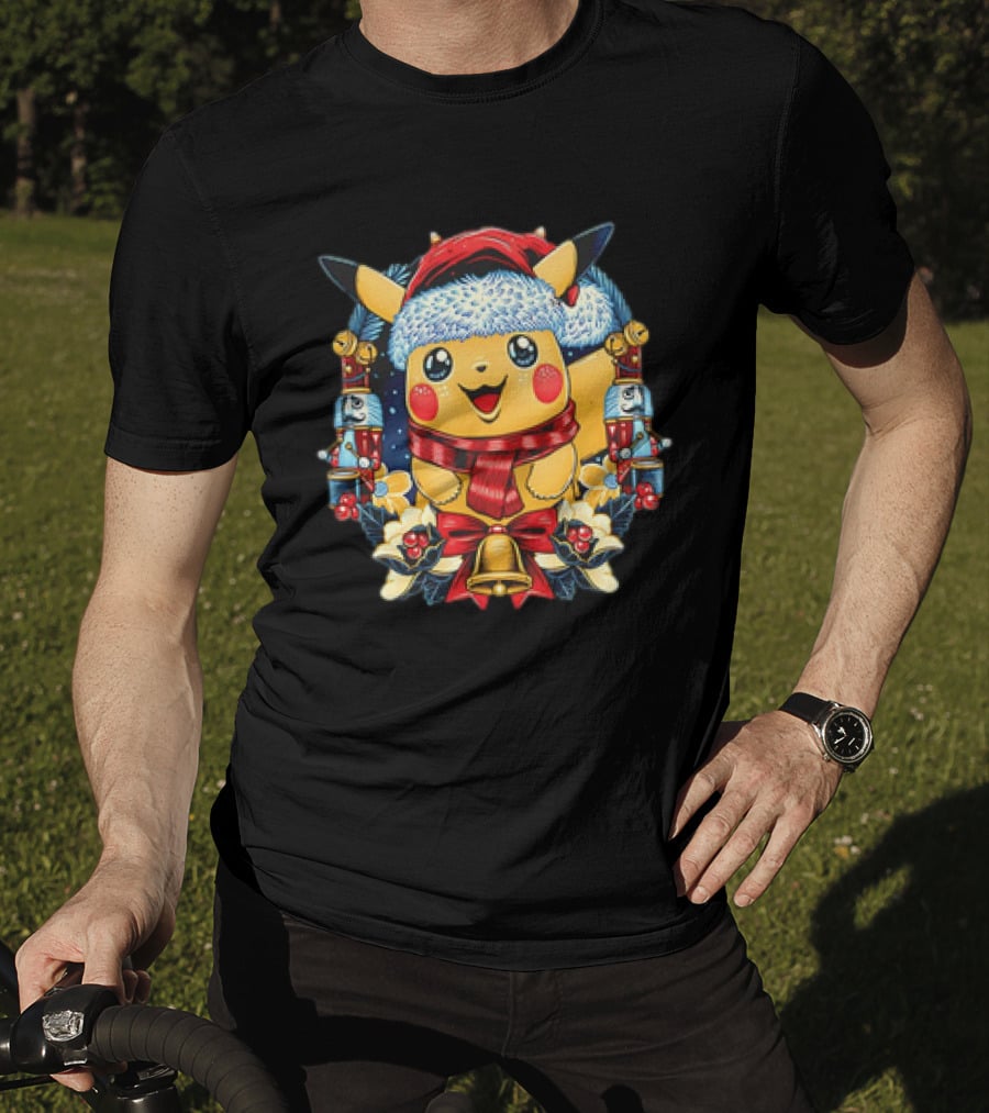 Pikachu Christmas Hat Scarf Nutcracker Bells Pokémon Holiday T-Shirt