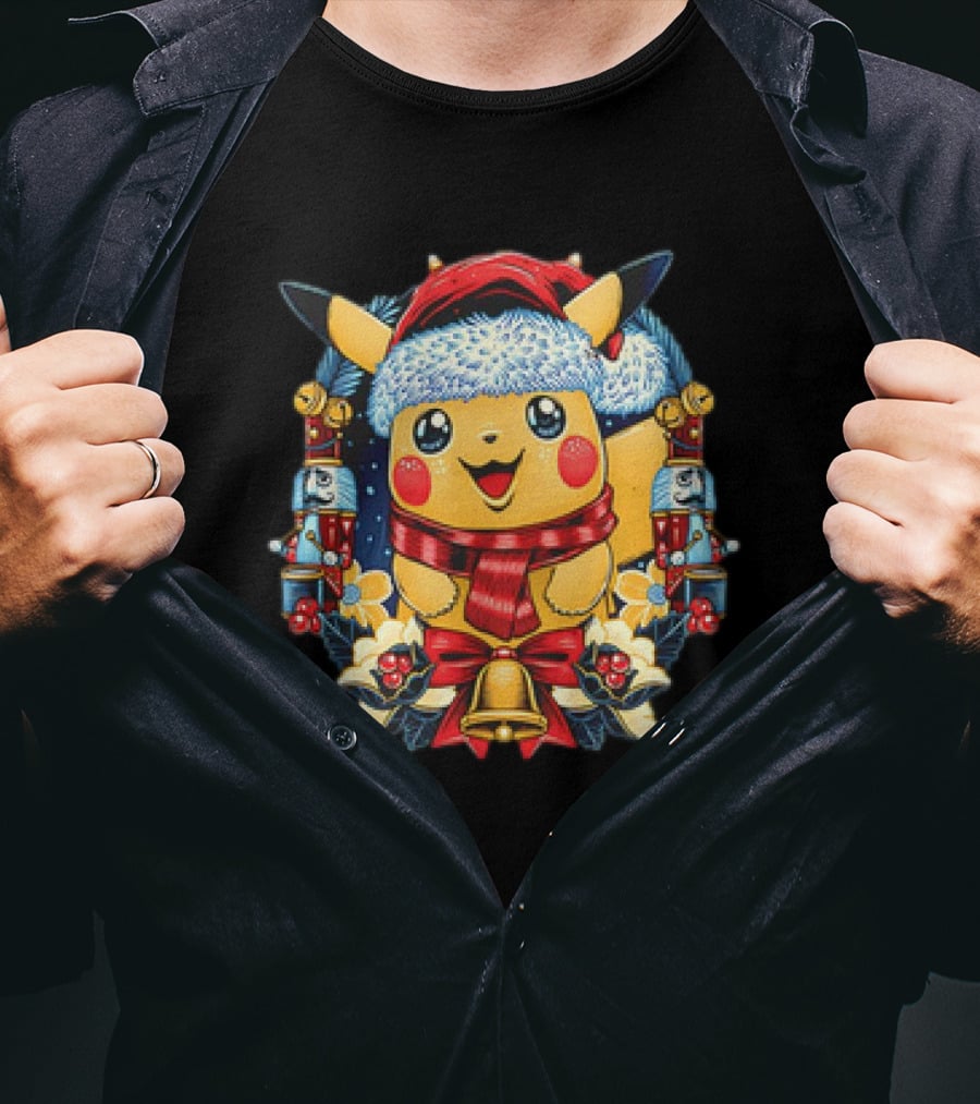 Pikachu Christmas Hat Scarf Nutcracker Bells Pokémon Holiday T-Shirt