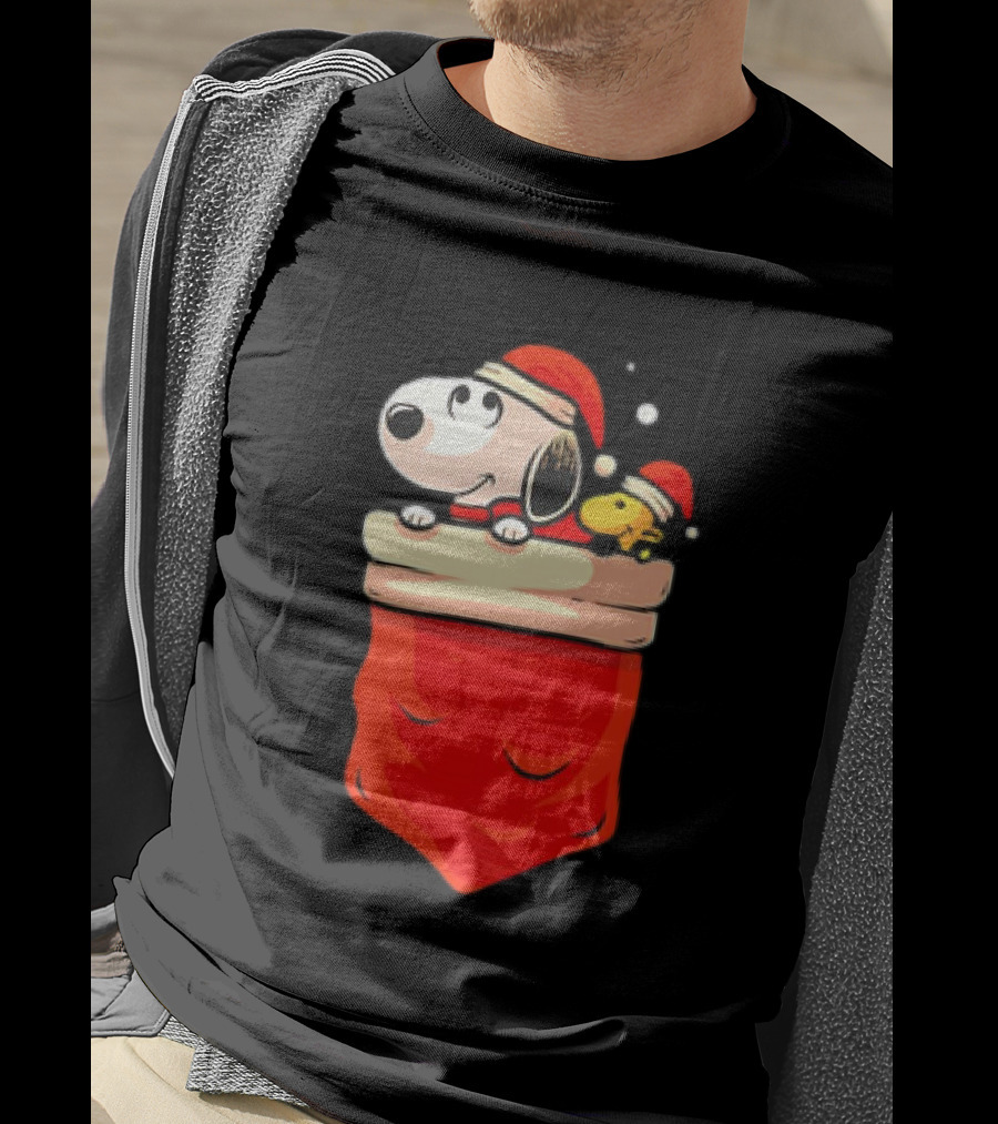 Snoopy And Woodstock Christmas Santa Hats In Red Pocket T-Shirt