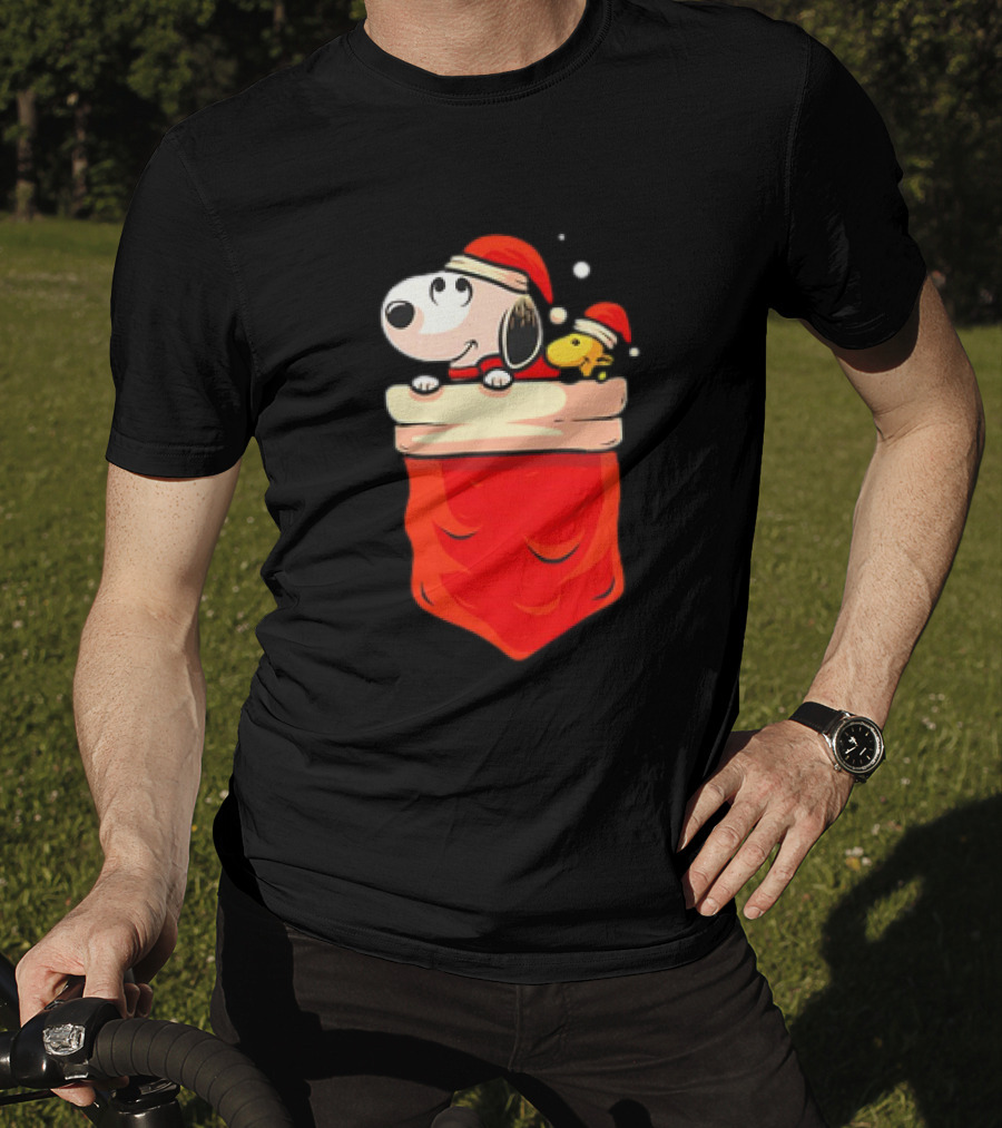Snoopy And Woodstock Christmas Santa Hats In Red Pocket T-Shirt