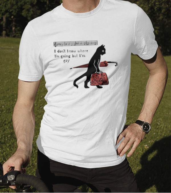 I Don't Know Where I'm Going But I'm Gay Cat With Umbrella And Bag T-Shirt