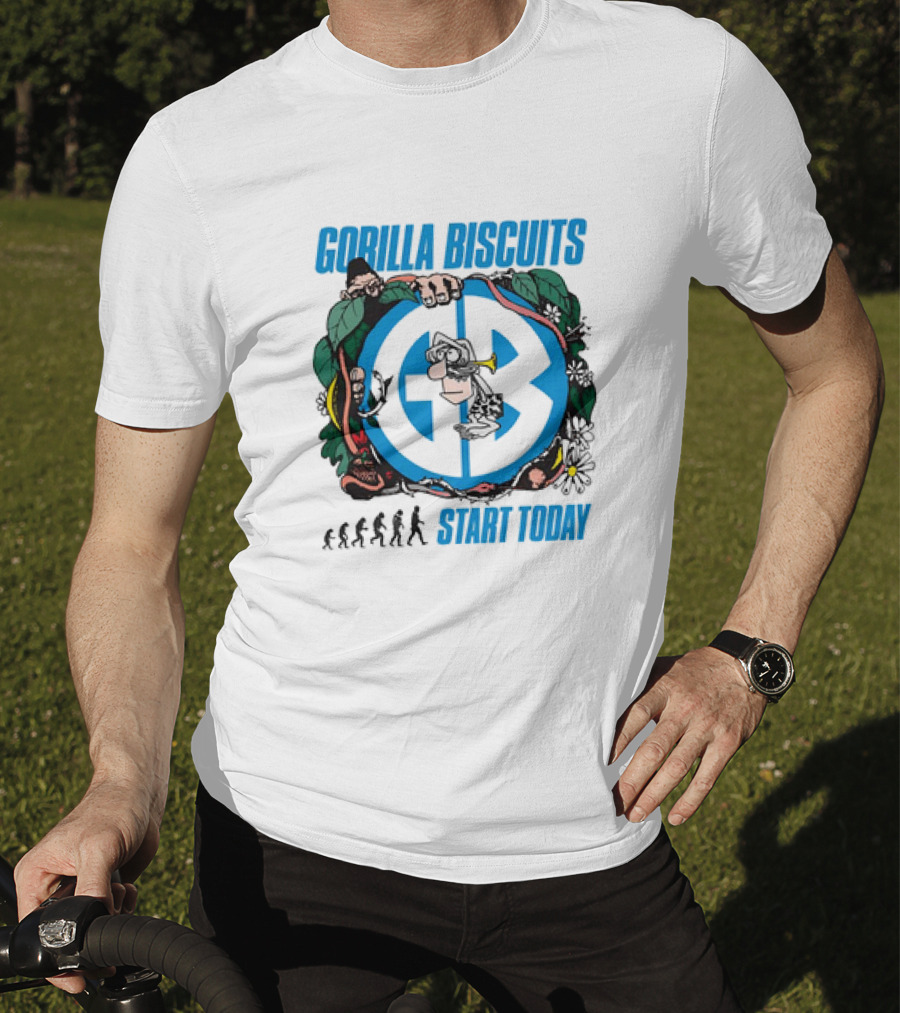 Gorilla Biscuits Start Today Evolution Theme Logo With Characters And Nature Elements T-Shirt