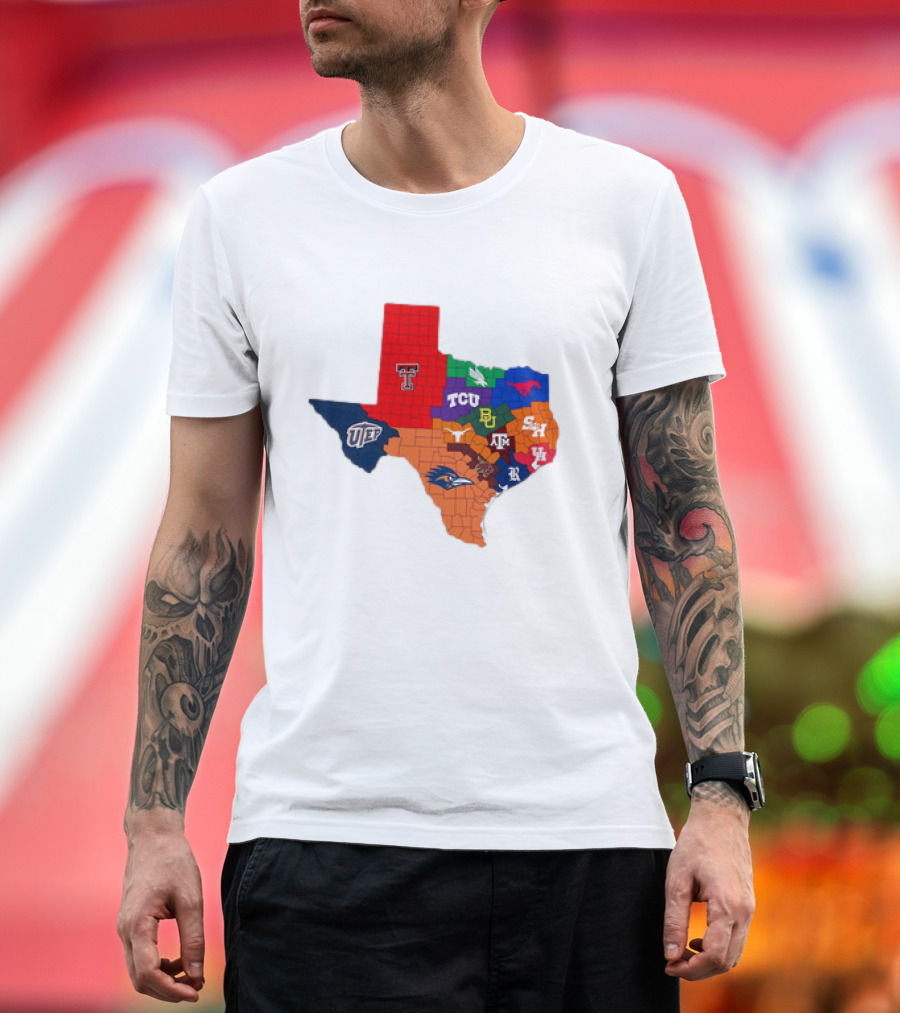 Map of Texas College Football Teams Featuring TCU Baylor Texas A&M Texas Tech UTEP T-Shirt