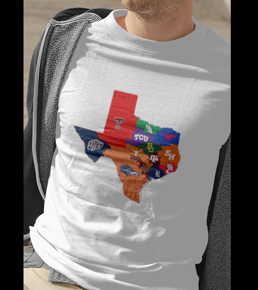 Map Of Texas College Football Teams Featuring TCU Baylor Texas A&M Texas Tech UTEP T-Shirt